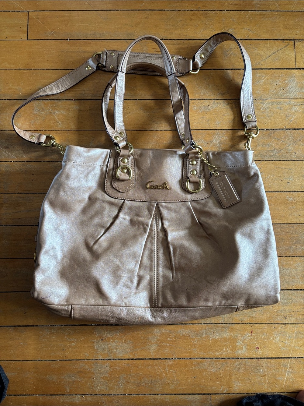 EUC Coach Metallic Taupe Leather Tote with Gold Hardware